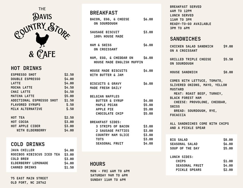 Davis Country Store menu